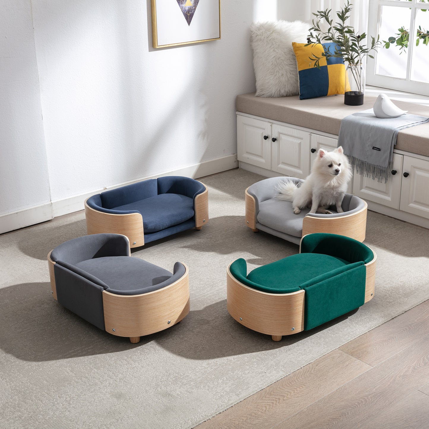 Scandinavian Style Elevated Dog Bed Pet Sofa with Solid Wood Legs and Bent Wood Back, Velvet Cushion, Small Size - Comfortable and Stylish Pet Furniture for Small Dogs