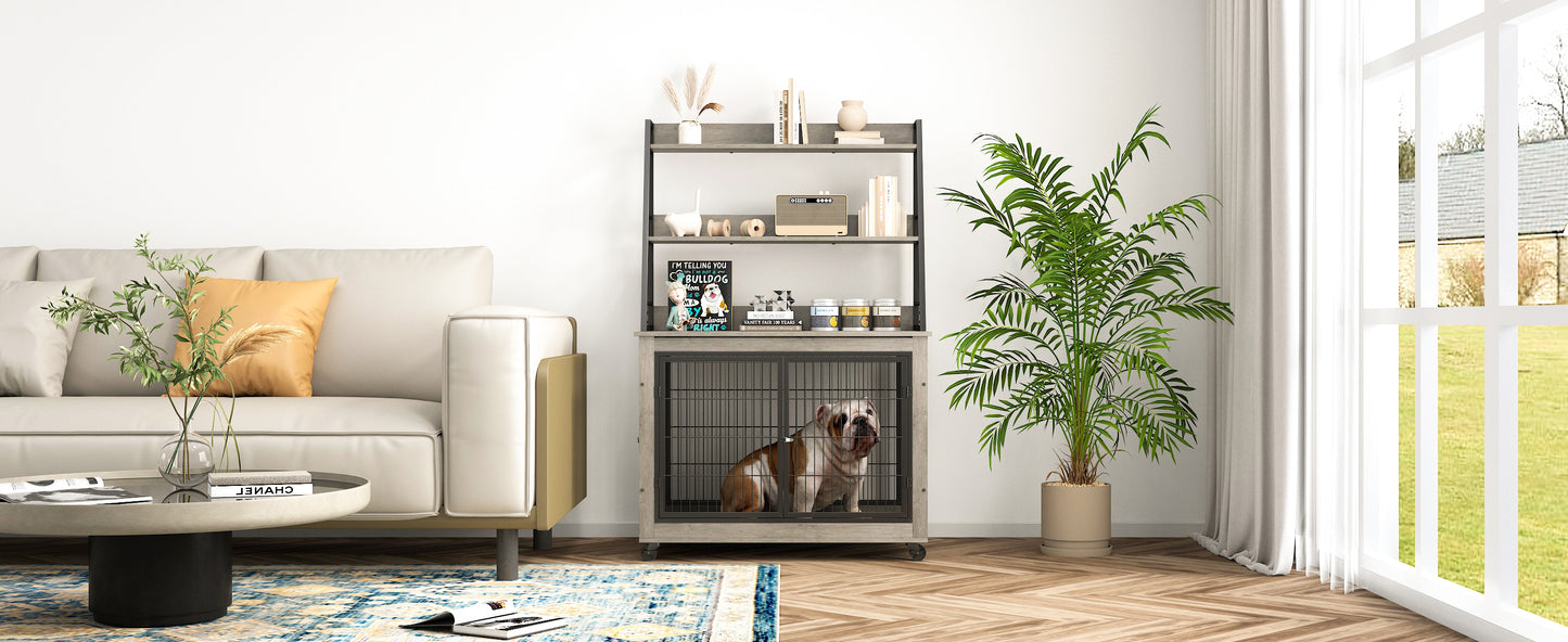 Furniture Style Dog Crate Side Table with Shelves, Double Doors, and Raised Roof - Grey, 38.58''W x 25.5''D x 57''H