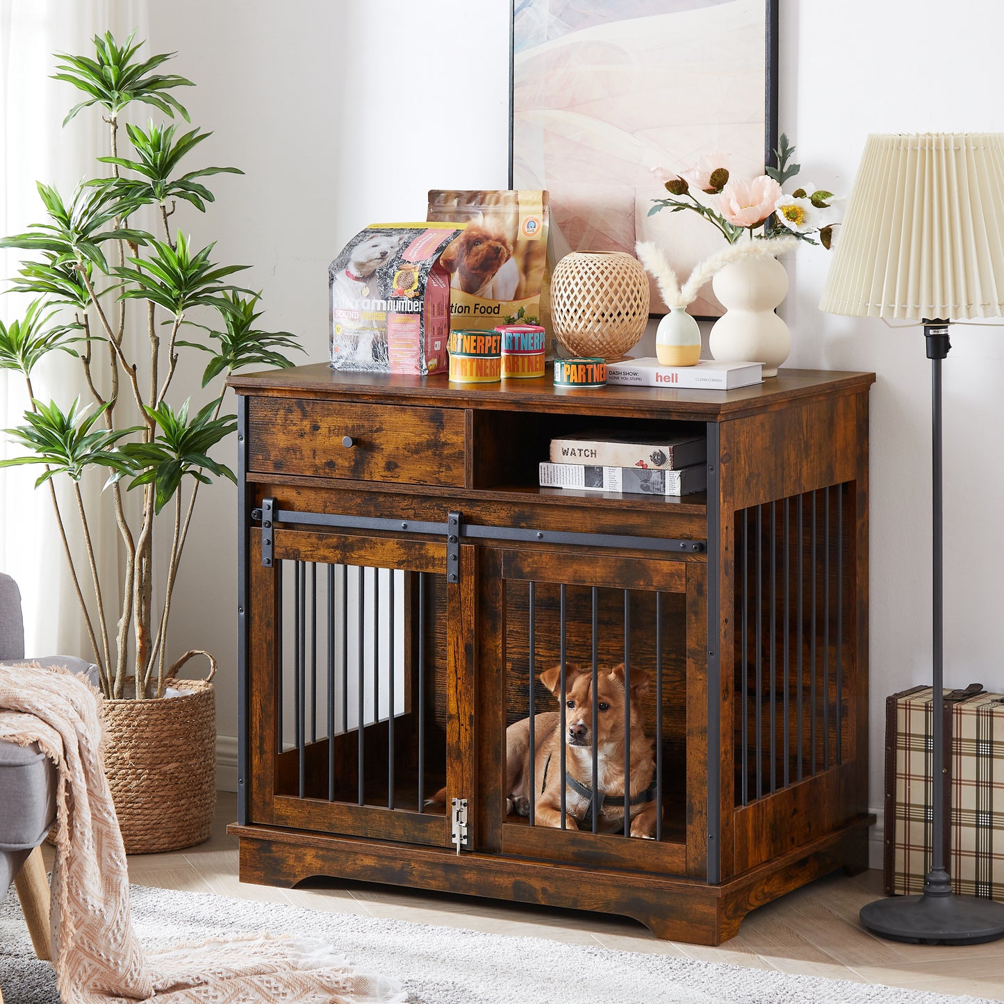 Sliding Door Dog Crate with Drawers - Rustic Brown, 35.43'' W x 23.62'' D x 33.46'' H: Stylish and Functional Pet Enclosure with Convenient Storage Space