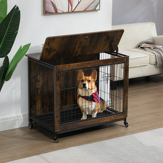 23.6"L x 20"W x 26"H Dog Crate Furniture with Cushion | Wooden Dog Crate Table | Double-Doors Indoor Dog Kennel for Small Dogs | Rustic Brown