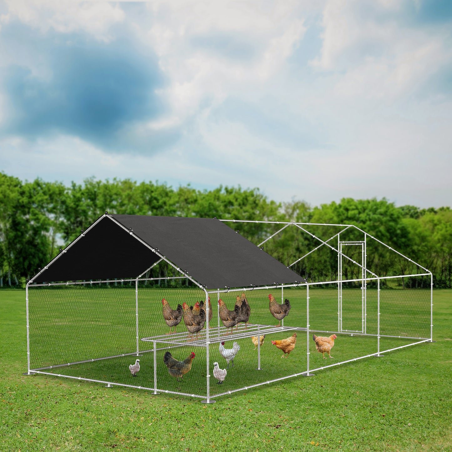 Large Metal Chicken Coop with Walk-In Design, Galvanized Wire, Waterproof Cover - Ideal for Outdoor, Backyard, and Farm Use (9.8' W x 19.7' D x 6.6' H)