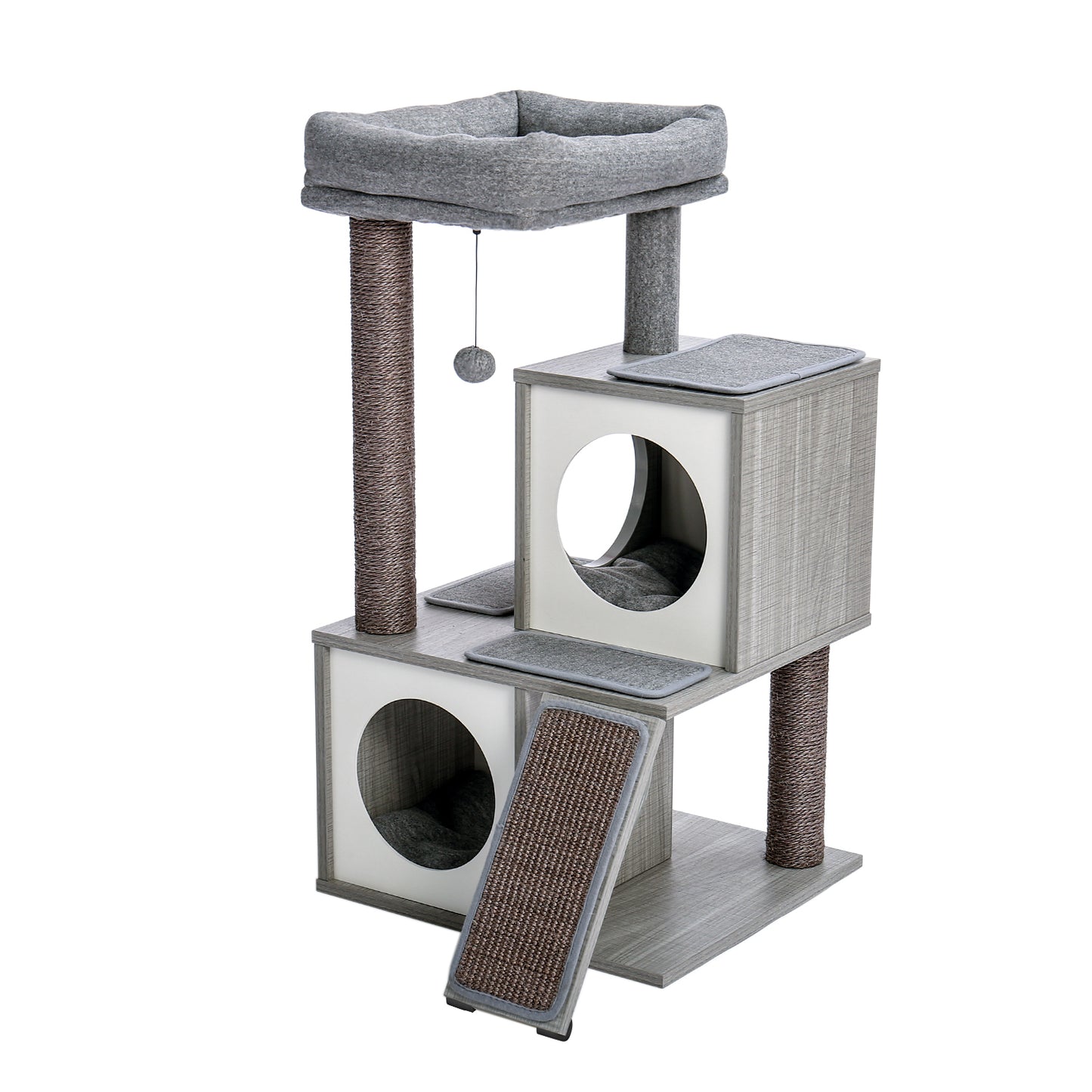 Cat Tree Luxury 34" Cat Tower with Double Condos, Spacious Perch, Scratching Posts & Dangling Balls - Gray