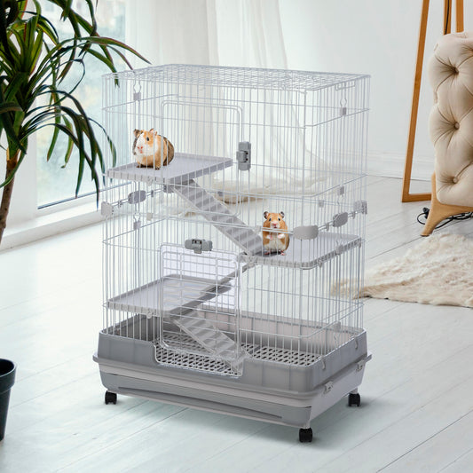 4-Tier 32" Small Animal Metal Cage, Height Adjustable with Lockable Casters, Grilles, Pull-out Tray for Rabbit, Chinchilla, Ferret, Bunny, Guinea Pig, Squirrel, Hedgehog (Grey)