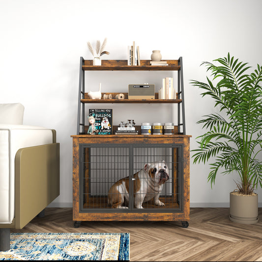 Furniture Style Dog Crate Side Table with Shelves, Double Doors & Raised Roof - Rustic Brown, 38.58''W x 25.5''D x 57''H