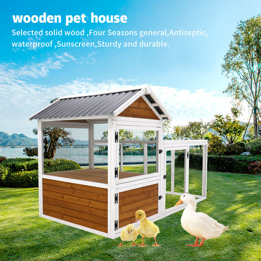 Large Outdoor Chicken Coop - Wooden Duck & Bird Cage with Nest Box - Waterproof PVC Board (Yellow Brown Gradient, 80")