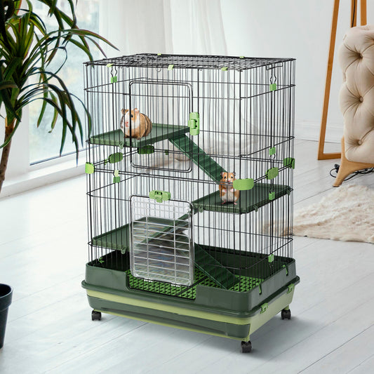 4-Tier 32"Small Animal Metal Cage: Height Adjustable with Lockable Casters, Grilles, Pull-out Tray for Rabbit, Chinchilla, Ferret, Bunny, Guinea Pig, Squirrel, Hedgehog - GREEN