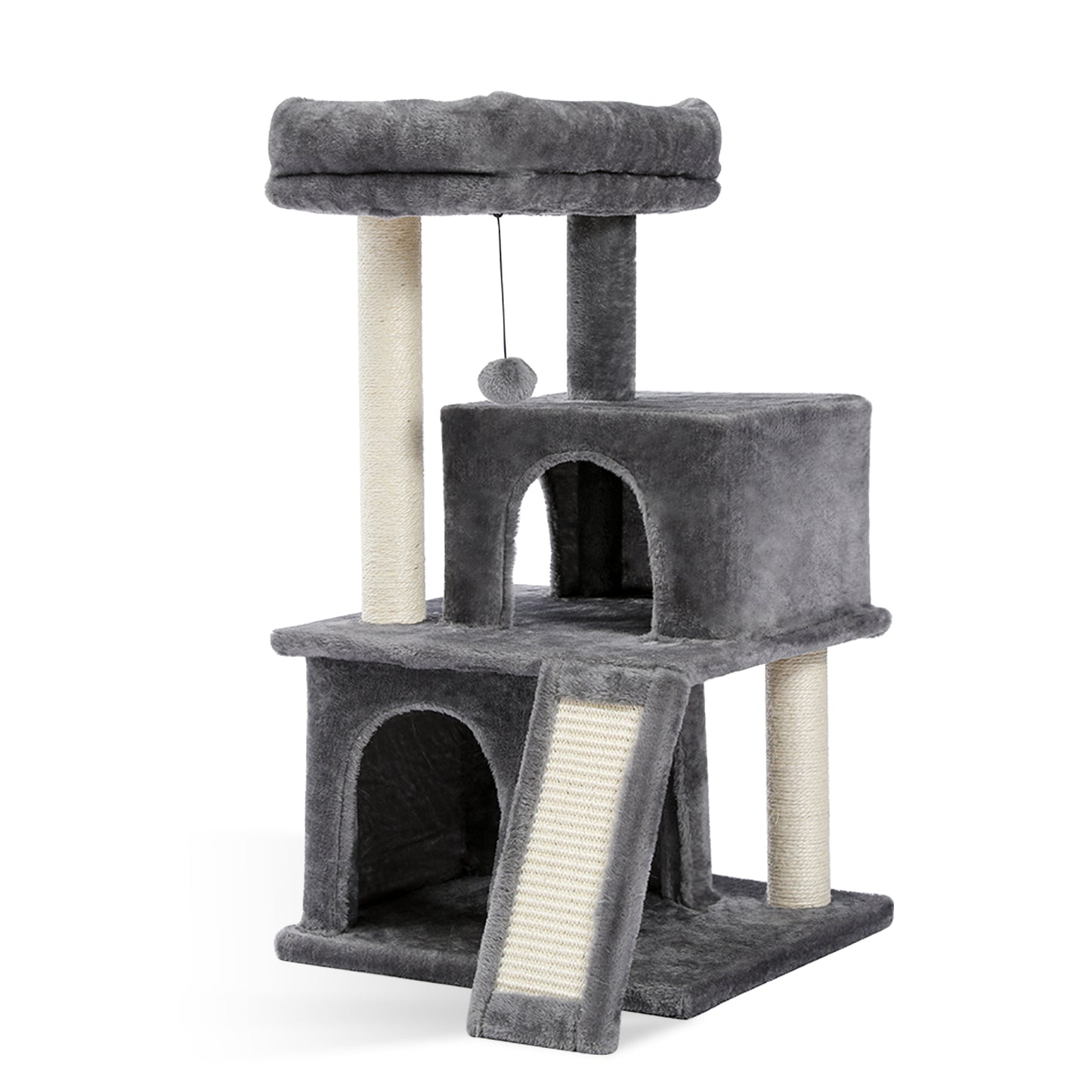 Cat Tree Luxury 34" Cat Tower with Double Condos, Spacious Perch, Scratching Sisal Posts & Replaceable Dangling Balls - Gray