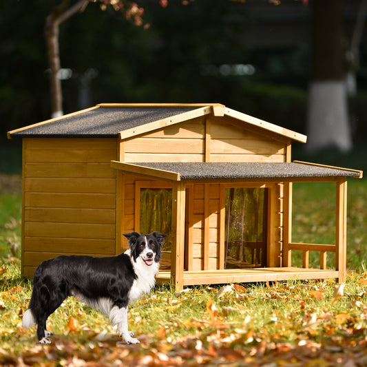 Large Wooden Dog House Outdoor, Indoor Dog Crate - Cabin Style, 2 Doors, Porch - 47.2" Size