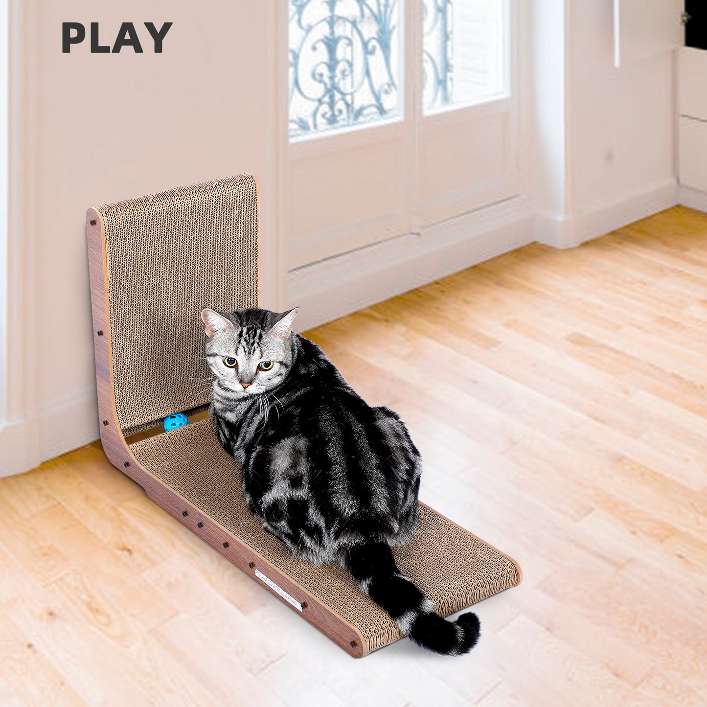 Fluffydream Cat Scratcher with Cat Toys Ball Track - L-Shaped, Reversible, Cardboard Lounge Bed - Durable Furniture Protector - Stable - Multiple Sizes and Colors Available