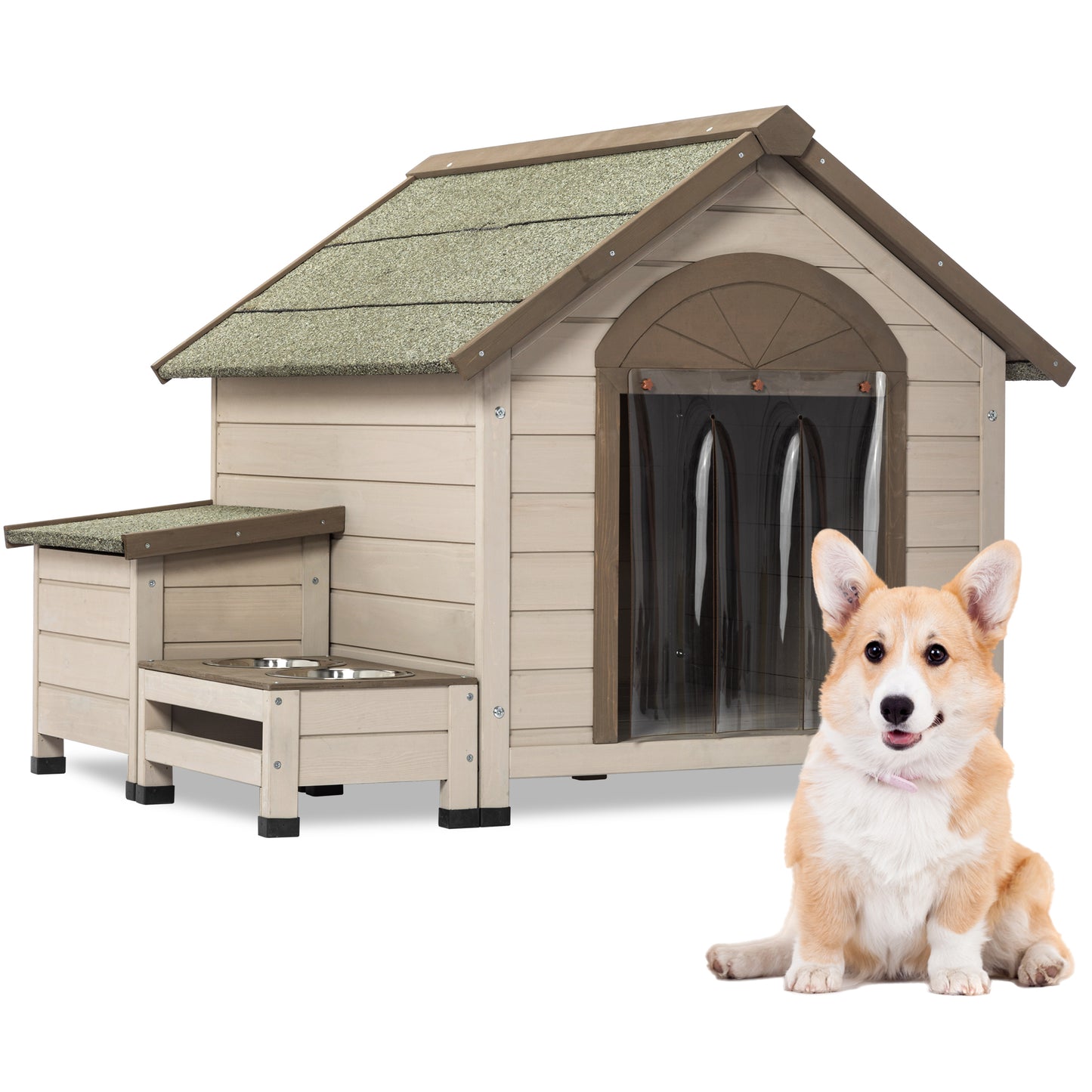 Outdoor Fir Wood Dog House with Open Roof for Small to Medium Dogs | Storage Box, Elevated Feeding Station with 2 Bowls | Weatherproof Asphalt Roof & Treated Wood | Size Options Available