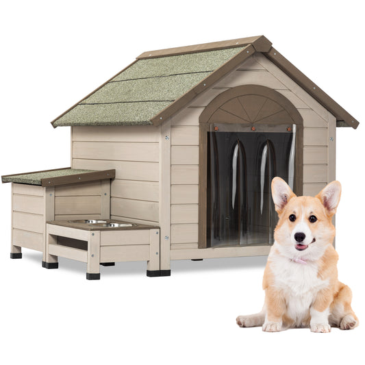 Outdoor Fir Wood Dog House with Open Roof for Small to Medium Dogs | Storage Box, Elevated Feeding Station with 2 Bowls | Weatherproof Asphalt Roof & Treated Wood | Size Options Available