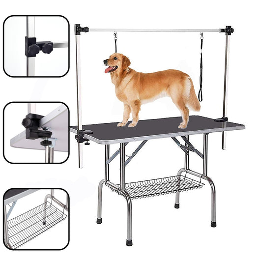 NEW Folding Pet Grooming Table w/ Stainless Legs & Arms, Black Rubber Top & Storage Basket