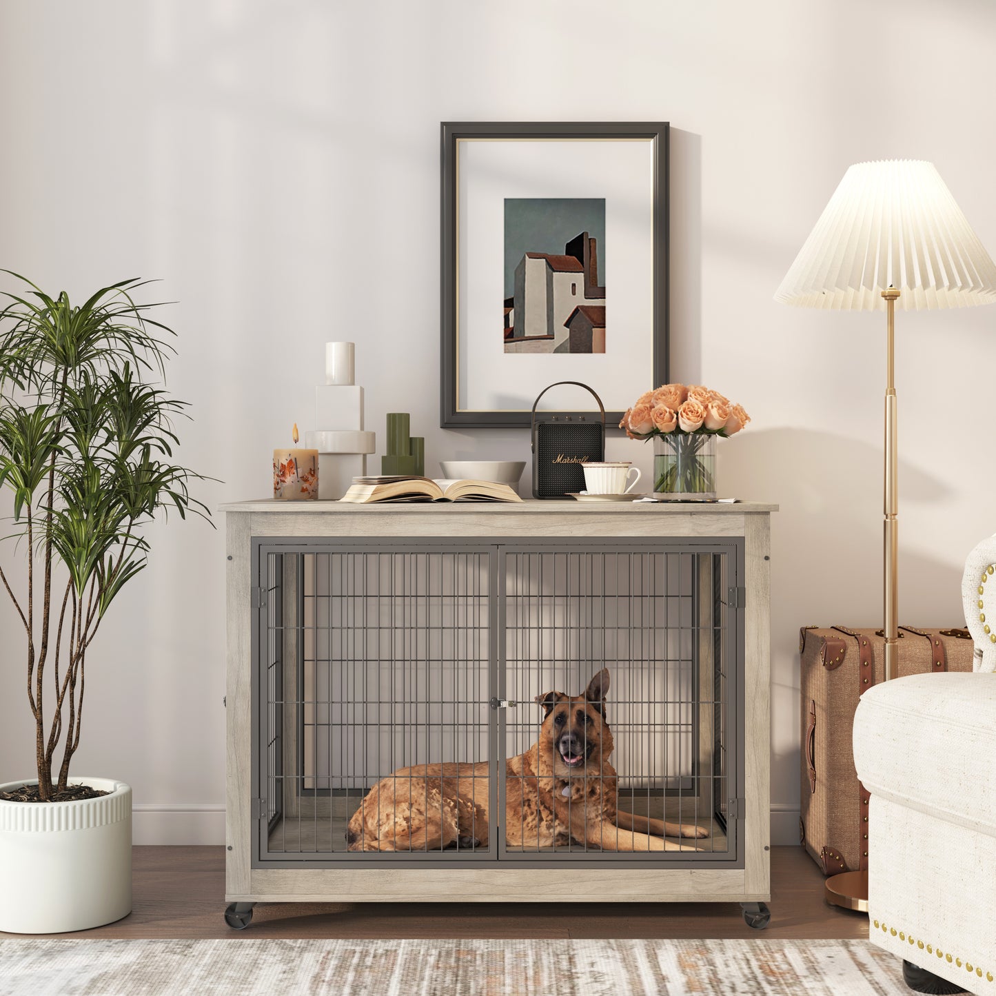 Furniture Style Dog Crate Side Table on Wheels: Double Doors, Lift Top | Grey, 43.7" W x 30" D x 31.1" H