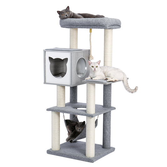 52-Inch Multi-Level Modern Wooden Cat Tower with Hammock, Scratching Posts, and Condo for Adult Cats - Gray Color