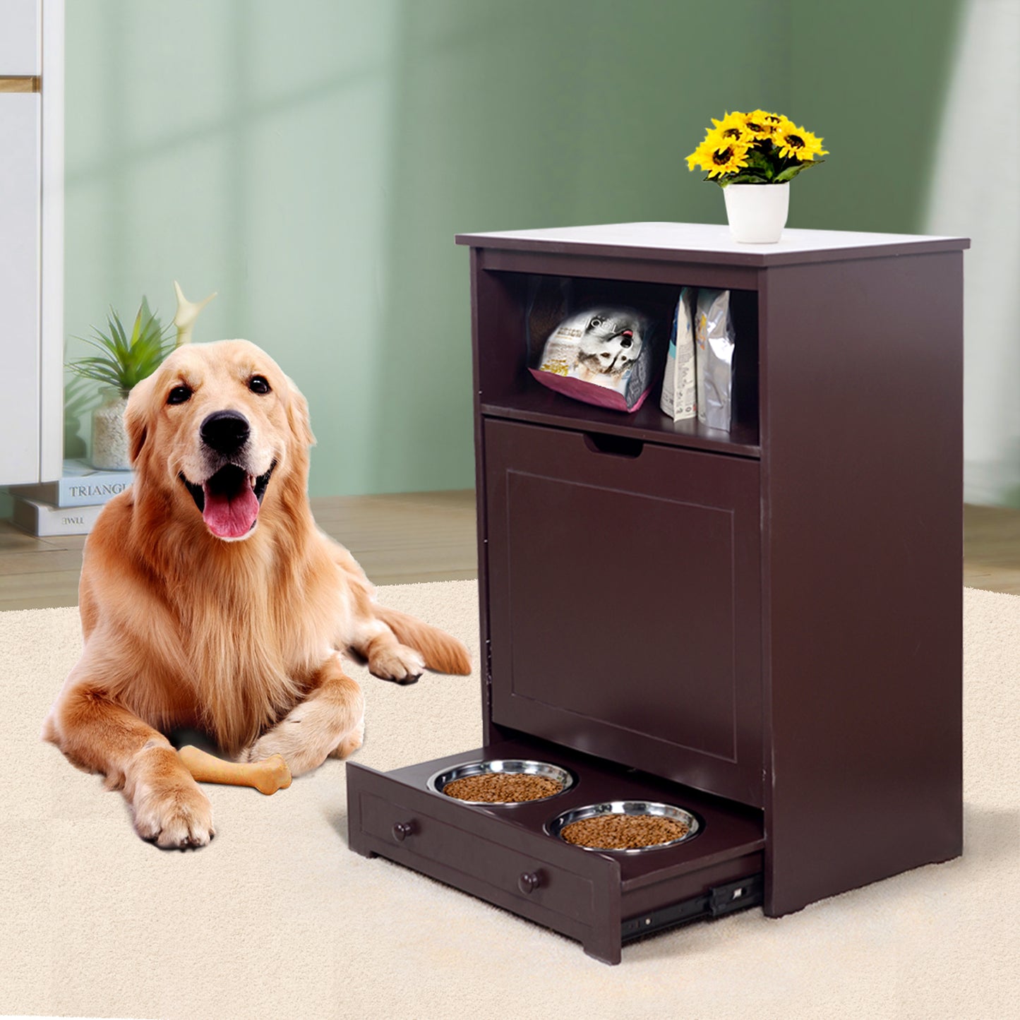 Pet Feeder Station with Storage, MDF & Waterproof Painted, Dog & Cat Feeder Cabinet, Stainless Bowl