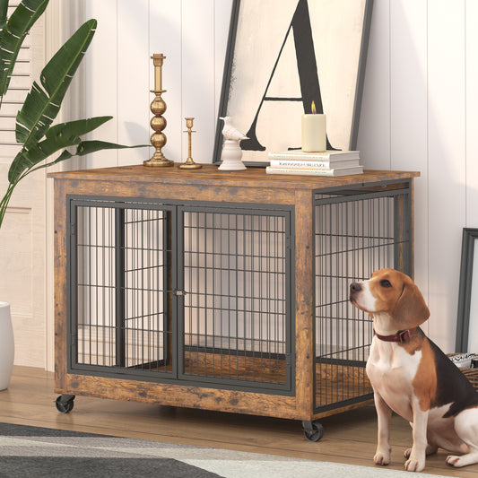 Furniture Dog Cage Crate with Double Doors, Rustic Brown, 38.58'' W x 25.2'' D x 27.17'' H - Spacious and Sturdy Dog Crate for Comfortable Confinement