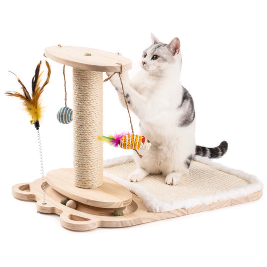 Cat Toy 1-Layer Turntable with Feather Stick and 5 Interactive Balls - Interactive Cat Toy with Scratching Post Mat - Provides Endless Fun for Your Feline Companion