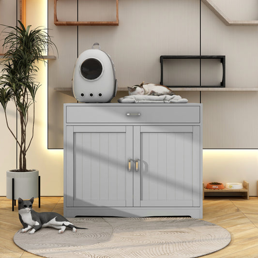 Litter Box Enclosure: Cat Litter Box Furniture with Hidden Plug, 2 Doors, Indoor Cat Washroom Storage Bench Side Table Cat House, Large Wooden Enclused Litter Box House, Grey