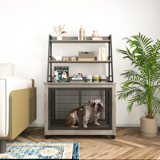 Furniture Style Dog Crate Side Table with Shelves, Double Doors, and Raised Roof - Grey, 38.58''W x 25.5''D x 57''H