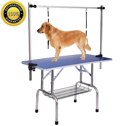 High-Quality Folding Pet Grooming Table with Stainless Legs and Arms, Blue Rubber Top & Storage Basket