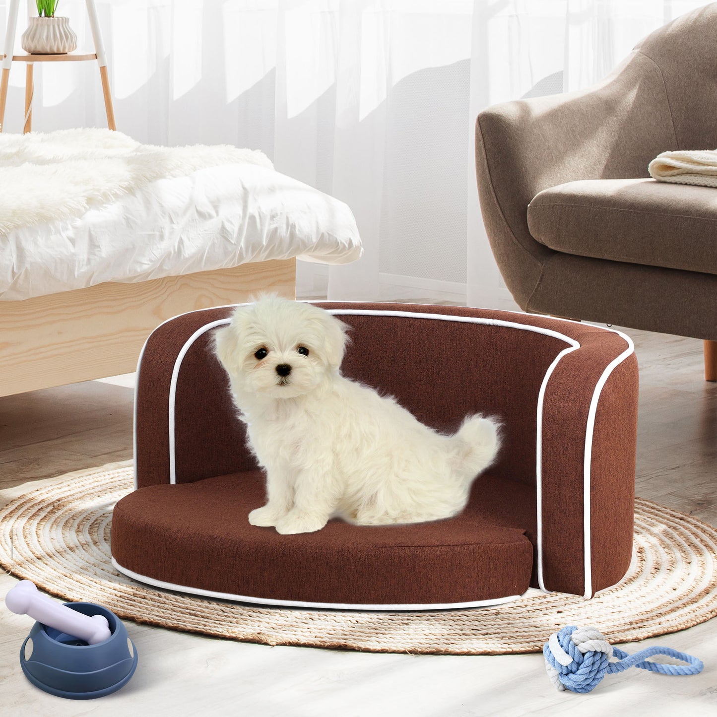 30" Brown Round Pet Sofa - Wooden Structure, Linen Goods, White Roller Lines on Edges - Curved Appearance with Cushion