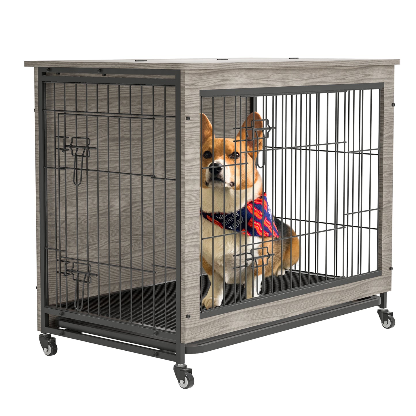 Dog Crate Furniture with Cushion, Wooden Table, Double-Doors, Kennel Indoor for Small Dog, Rustic Brown Grey - 23.6"L X 20"W X 26"H