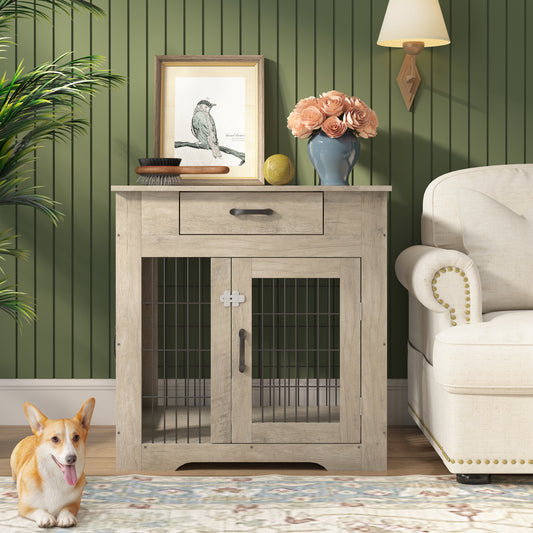 Furniture Style Dog Crate End Table with Drawer, Pet Kennels - Double Doors, Indoor Dog House - Grey, 29.9'' W x 24.8'' D x 30.71'' H