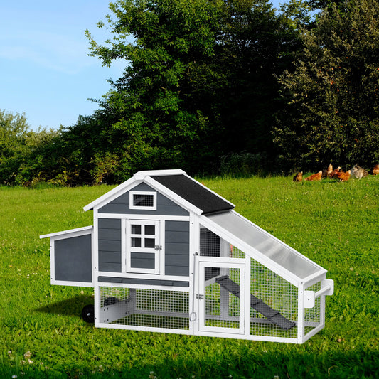 Removable Tray Ramp Wooden Outdoor Chicken Hutch Coop with Running Cage & Wheels - Spacious, Convenient, and Easily Movable