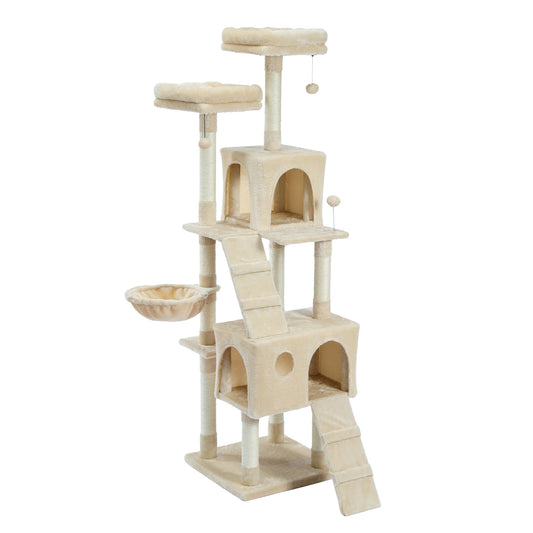 Cat Tree 69 Inches Cat Tower with 2 Condos and 2 Perches, Kitty Climber Tower Furniture, Beige