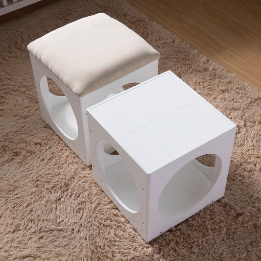 Multifunction Stackable Play Stool: Wood Stool, Pet Play Stool, Hollow Ottoman in White Finish