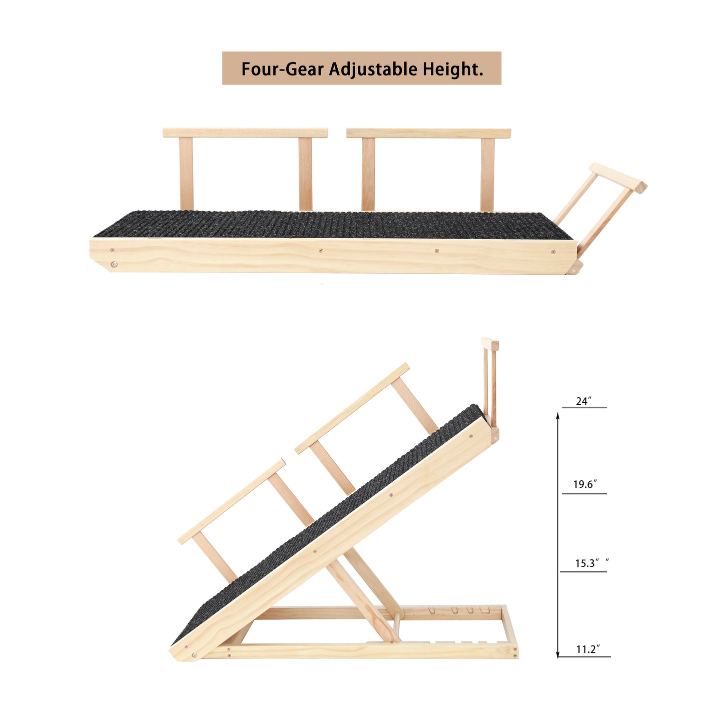 Tall Adjustable Pet Ramp: Folding Wooden Dog Cat Ramp with Safety Rails, Non-Slip Surface, Adjustable Height (9.3" to 24")