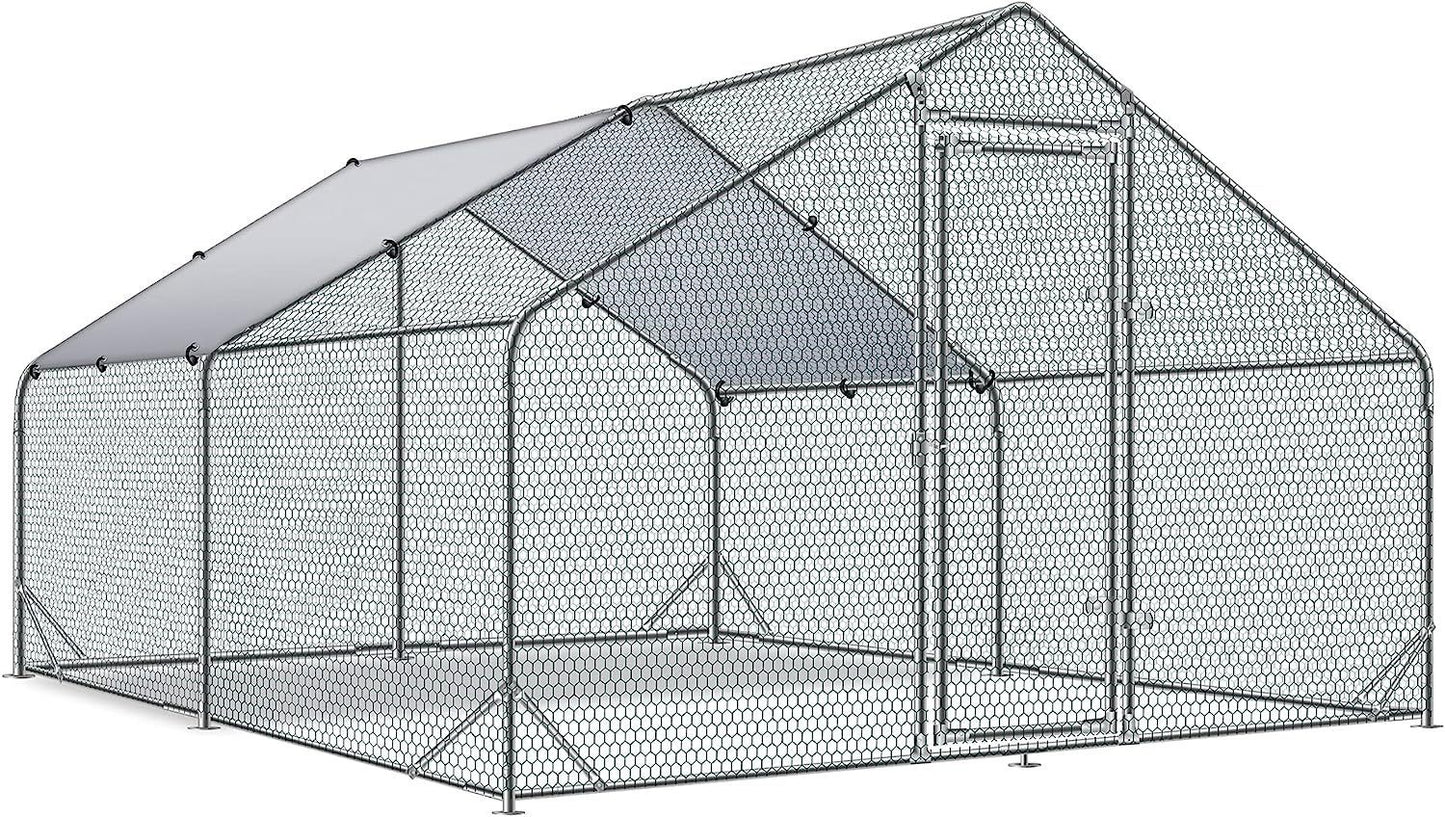 Large Metal Chicken Coop Walk-in Poultry Cage - Spacious Hen Run House with Waterproof Cover - Anti-Ultraviolet Protection - 10' L x 13' W x 6.4' H