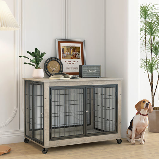 Furniture Style Dog Crate Side Table on Wheels: Double Doors & Lift Top | Grey | 38.58''w x 25.5''d x 27.36''h