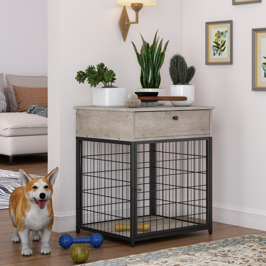 Furniture Style Wood Dog Crate End Table with Storage Console - Grey, 19.69'' W x 22.83'' D x 26.97'' H: Stylish and Functional Pet Crate with Ample Storage Space