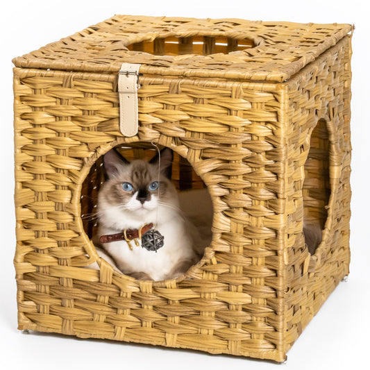 Rattan Cat Litter, Cat Bed with Rattan Ball & Cushion - Yellowish Brown, Cozy & Stylish Sleeping Space for Cats