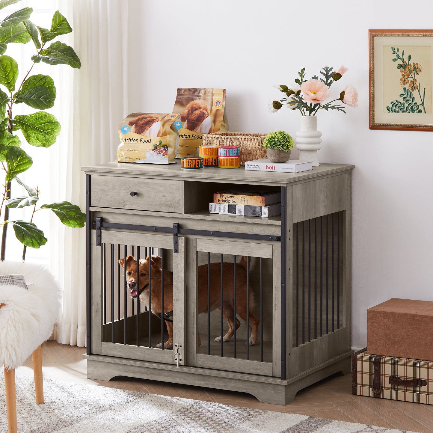 Sliding Door Dog Crate with Drawers - Grey, 35.43'' W x 23.62'' D x 33.46'' H: Spacious and Functional Pet Crate with Convenient Storage Drawers