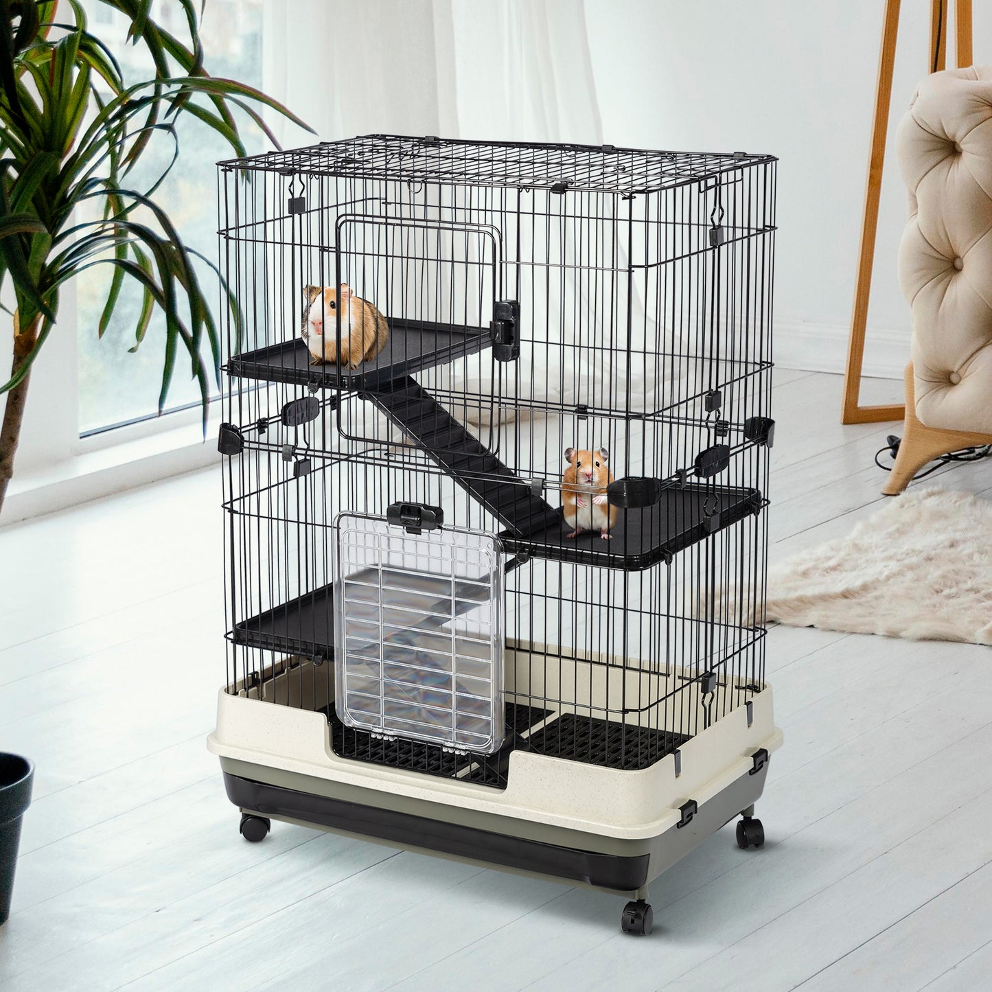 4-Tier 32" Small Animal Cage, Height Adjustable with Lockable Casters, Grilles & Pull-out Tray for Rabbit, Chinchilla, Ferret, Bunny, Guinea Pig, Squirrel, Hedgehog - Black