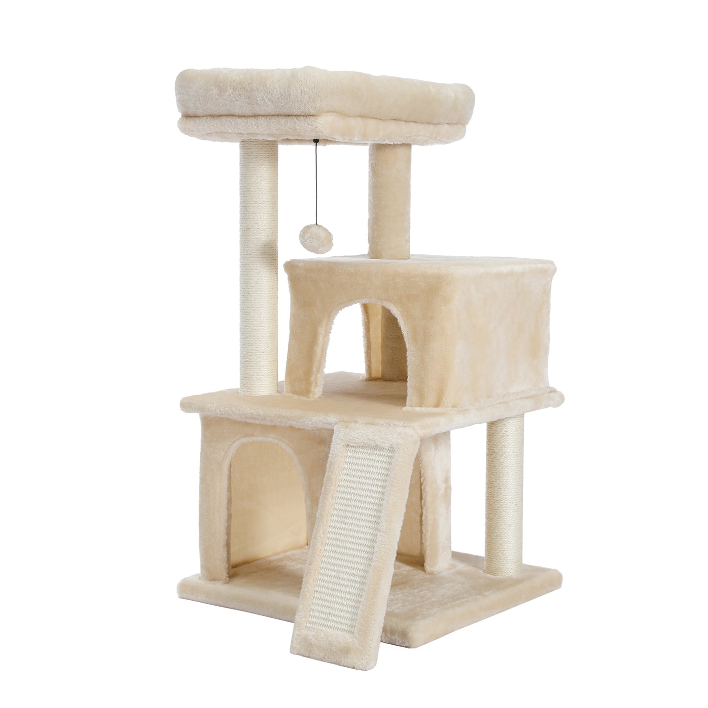 Cat Tree Luxury 34" Cat Tower with Double Condos, Spacious Perch, Scratching Sisal Posts, Dangling Balls - Beige