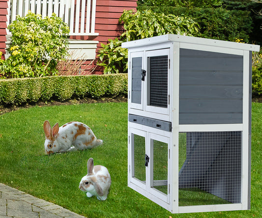 Two-Layer Solid Wooden Bunny Rabbit Hutch with Easy-Clean Tray | Wood Pet House for Rabbits, Dogs, Chickens | Coops, Cages | Multiple Sizes & Colors