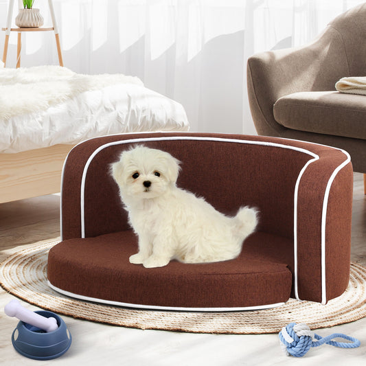 35" Brown Pet Sofa with Wooden Structure, Linen Goods, White Roller Lines, Curved Appearance & Cushion