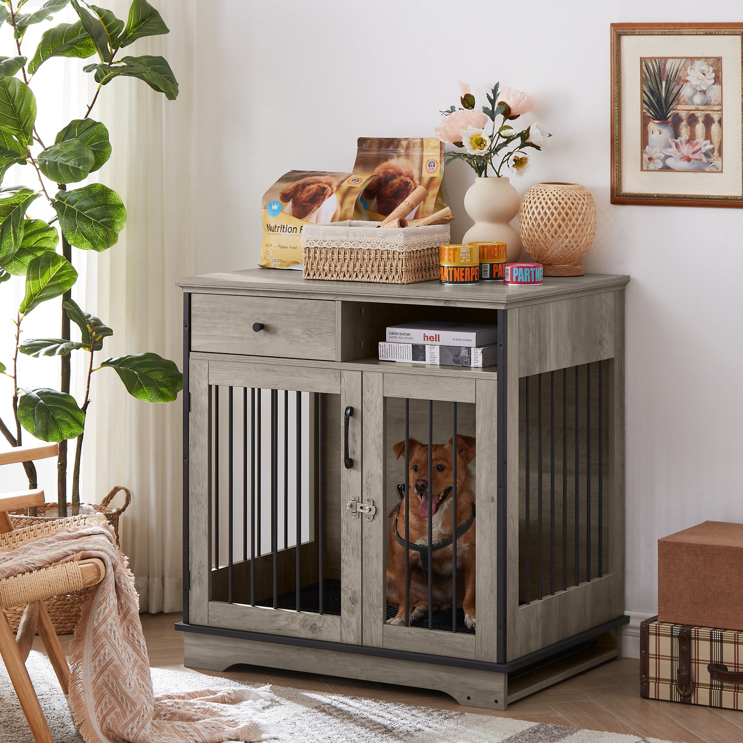 Furniture Dog Crate: Indoor Pet Crate End Tables, Wooden Kennels w/ Removable Trays, Grey, 32.3'' W x 22.8'' D x 33.5'' H