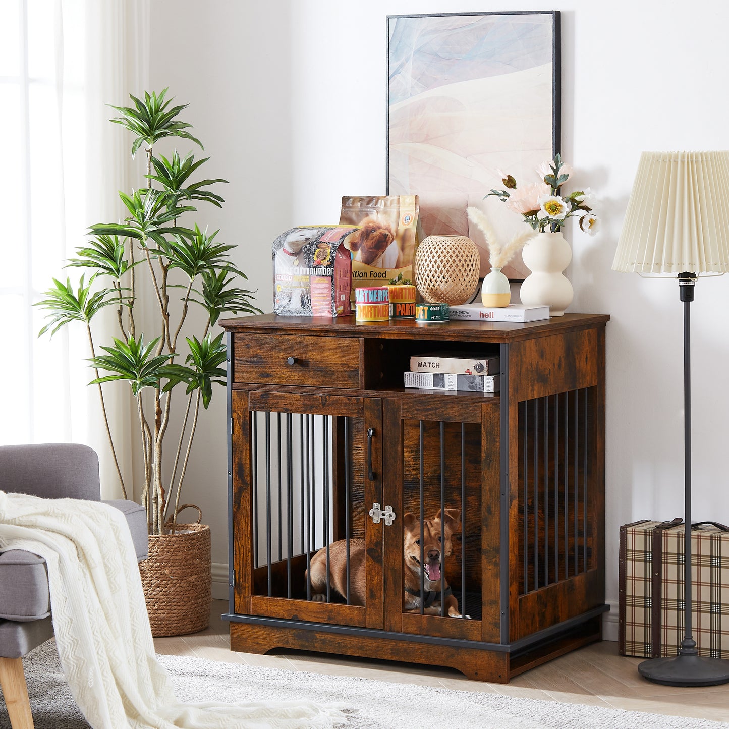 Furniture Dog Crate: Indoor Pet Crate End Tables, Decorative Wooden Kennels with Removable Trays - Rustic Brown, 32.3''W x 22.8''D x 33.5''H