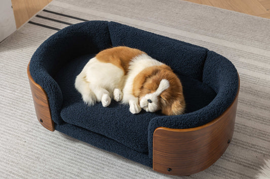 Scandinavian Style Elevated Dog Bed Pet Sofa with Solid Wood Legs, Walnut Bent Wood Back, and Cashmere Cushion - Small Size