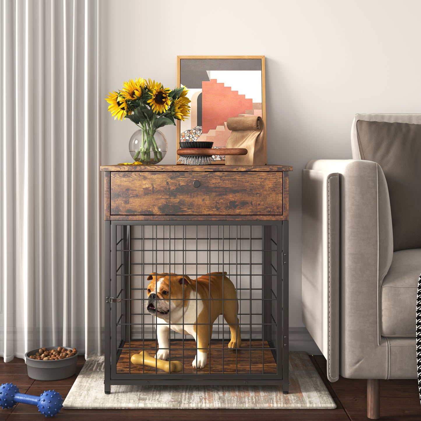 Furniture Style Wood Dog Crate End Table with Storage Console - Rustic Brown, 19.69'' W x 22.83'' D x 26.97'' H: Stylish and Functional Dog Crate End Table with Storage Console in Rustic Brown - Ideal for Your Canine Companion