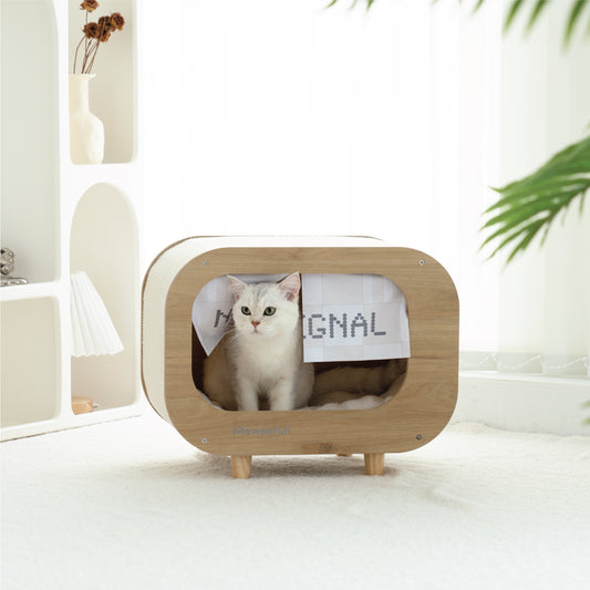 Classic Wooden TV-Shaped Cat Bed, Cat House with Cushion, White - Cozy and Stylish Furniture for Your Feline Companion