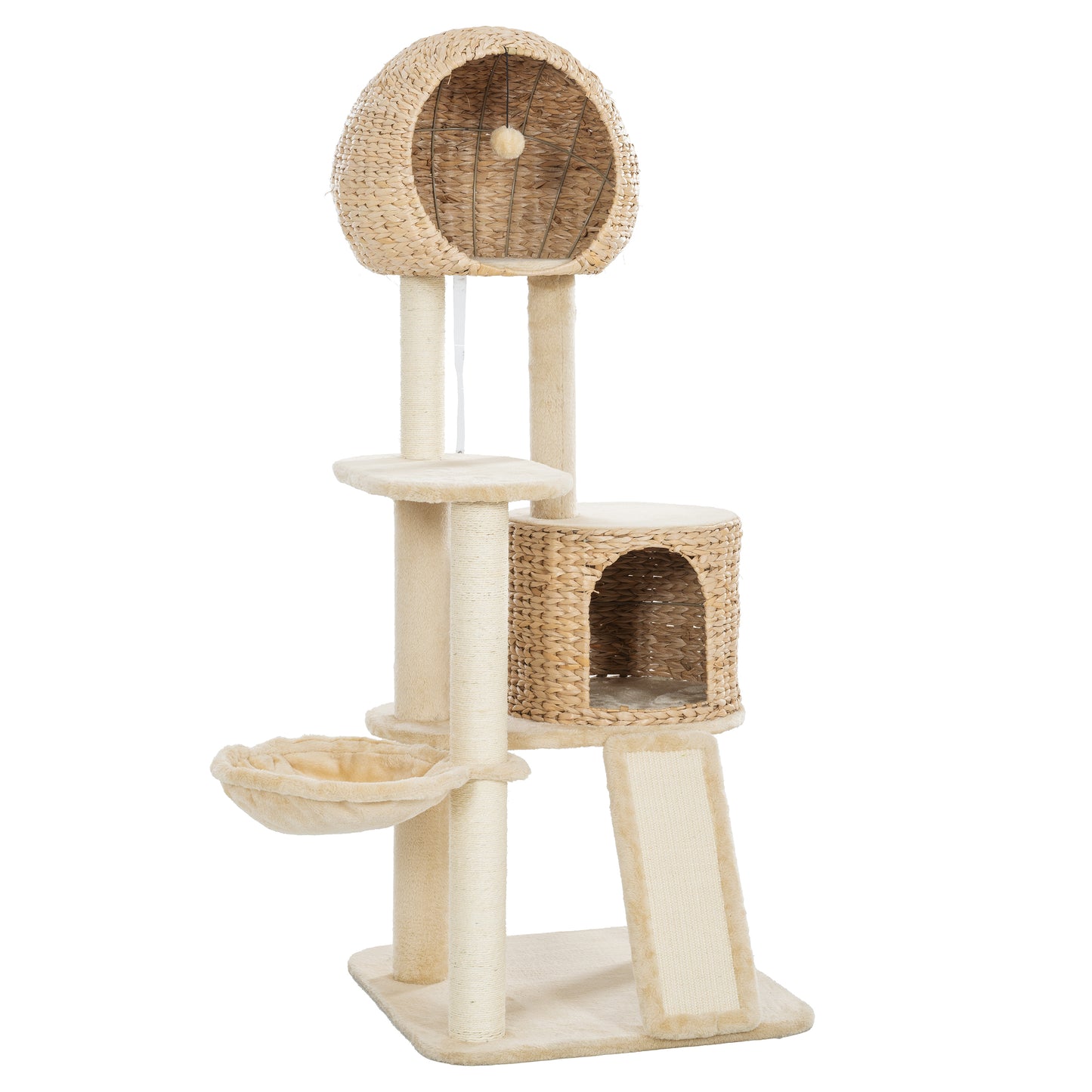 59-Inch Cat Tower for Indoor Cats, Plush Multi-Level Cat Condo with 2 Perches, 2 Caves, Cozy Basket and Scratching Board, Beige