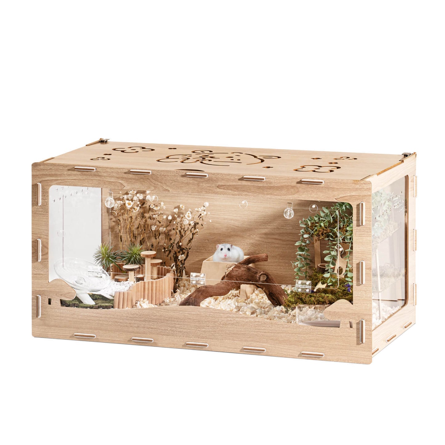 Large Wooden Hamster Cage for Syrian Hamster, Degus, Mice | Spacious & Durable Habitat | Ideal for Similar-Sized Pets | Multiple Levels, Hideouts, & Exercise Wheels | Natural Wood Color | 220L