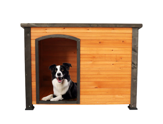 Outdoor & Indoor Heated Wooden Dog Kennel for Winter with Raised Feet - Weatherproof, Ideal for Large Dogs - Gold, Red, and Black