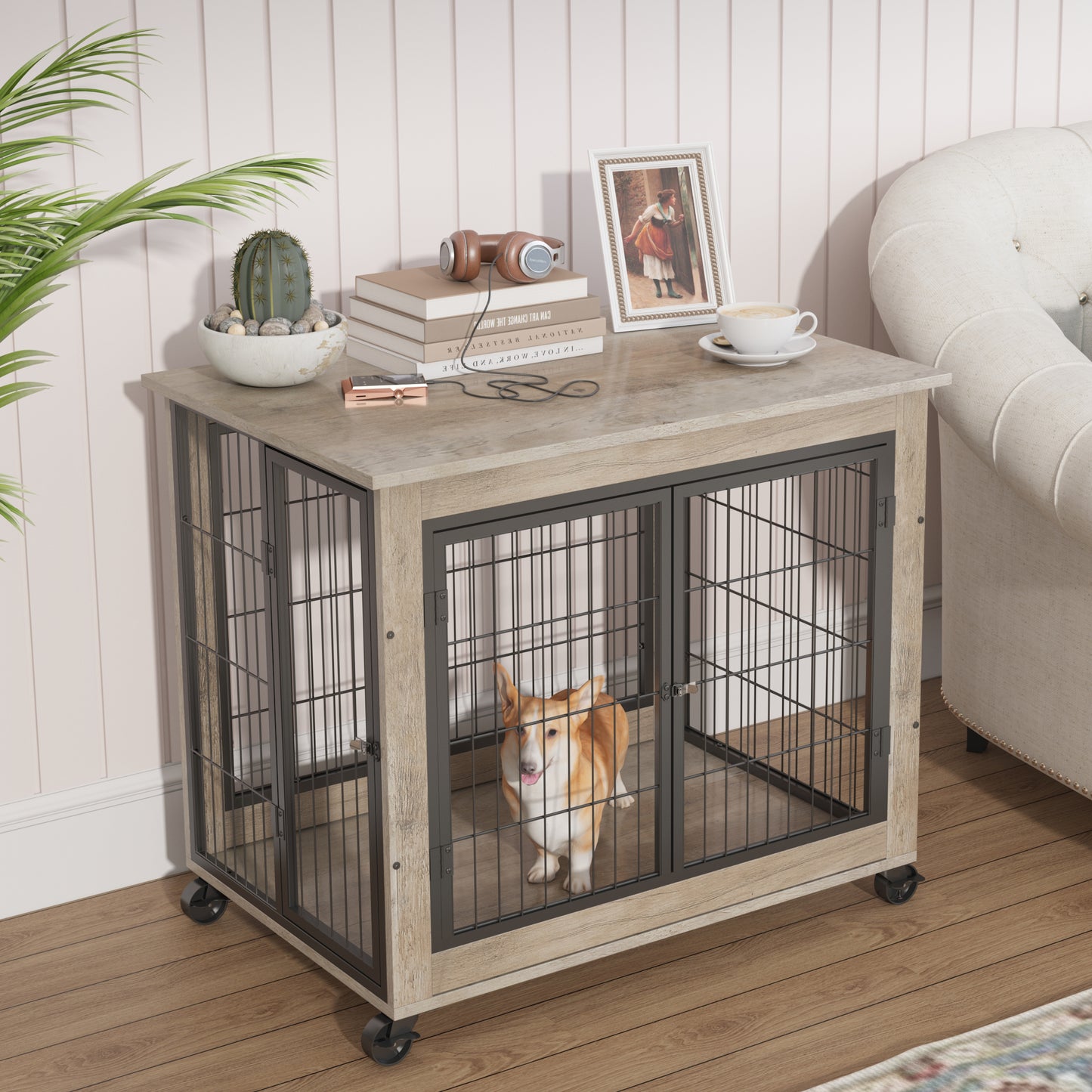 Furniture Dog Cage Crate with Double Doors on Casters - Grey, 31.50'' W x 22.05'' D x 24.8'' H: Stylish and Functional Pet Enclosure with Easy Mobility