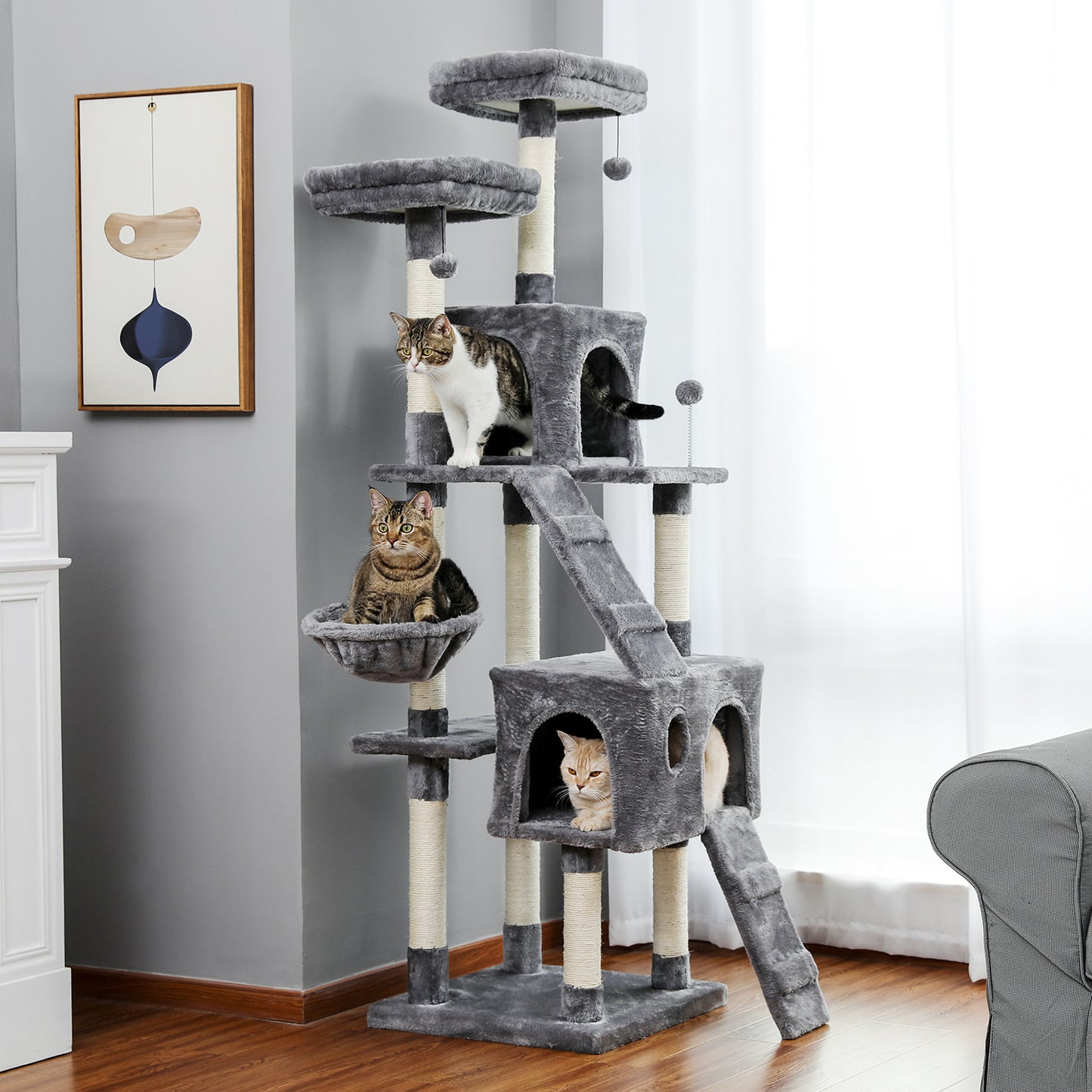 Cat Tree 69 Inches Cat Tower: 2 Condos, 2 Perches, Grey - Climber Furniture